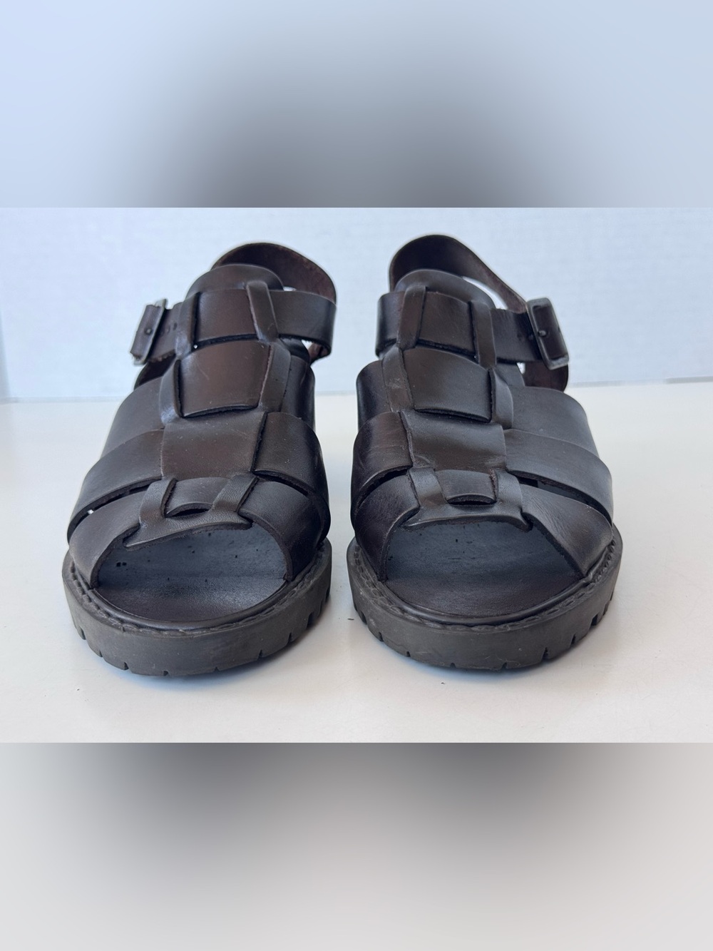 Vintage 90s MIA Y2K Brown Leather Fisherman Sandals Strappy Chunky Platform Shoe - Picture 3 of 10